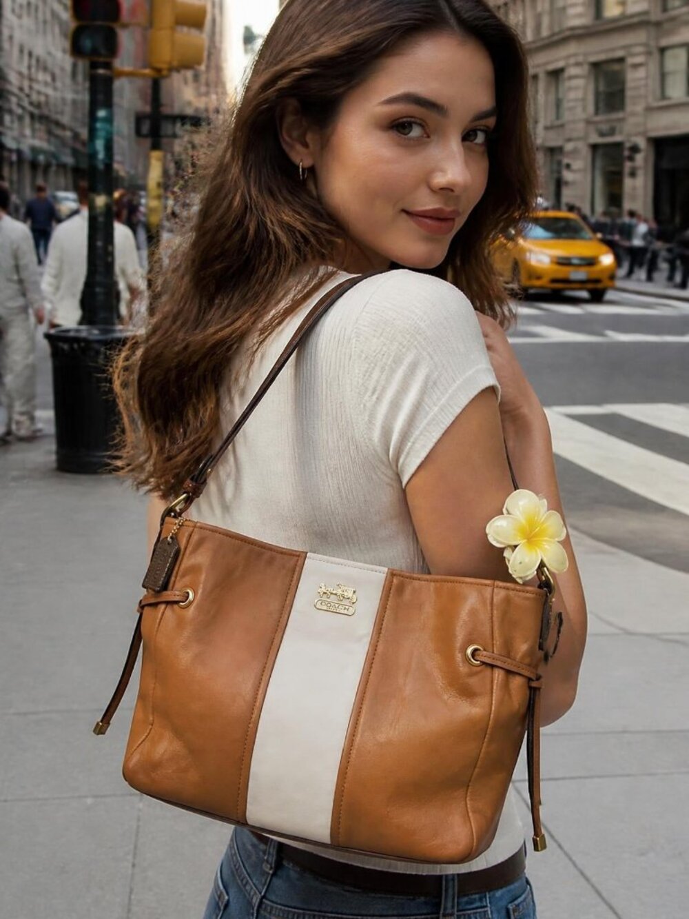 44. Coach Brown/White Striped Logo Zip Top Shoulder Bag